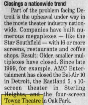 Towne Theatres 4 (AMC Towne 4 Theatres) - Jan 2001 Article On Closing